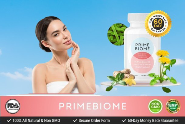 PrimeBiome probiotic supplement bottle designed to support gut health and skin balance